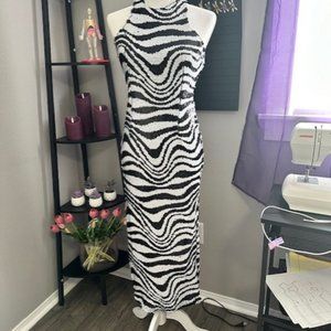 Sequin Zebra Midi Dress Racer Back Exposed Zip Medium